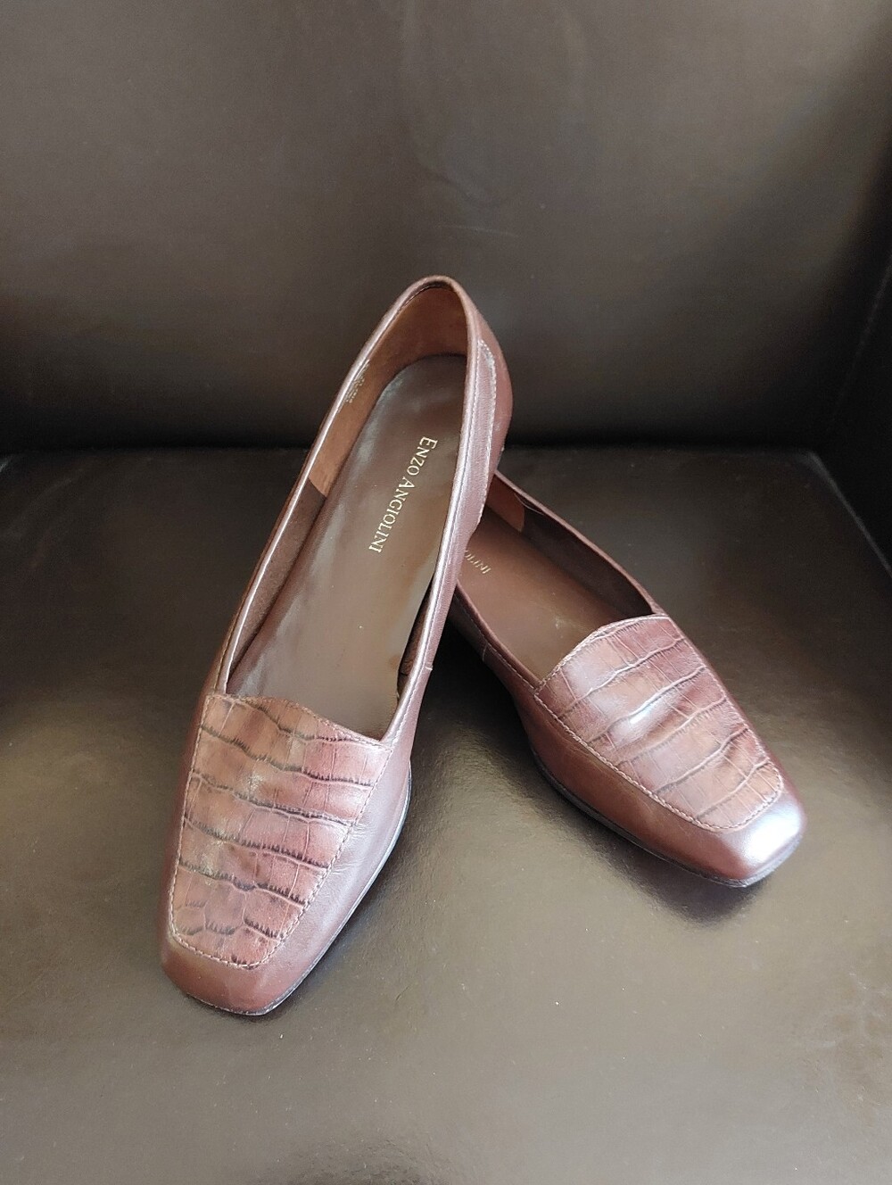 Vintage Enzo Angiolini Brown Croc-Embossed Leather Loafers Size 7.5 M